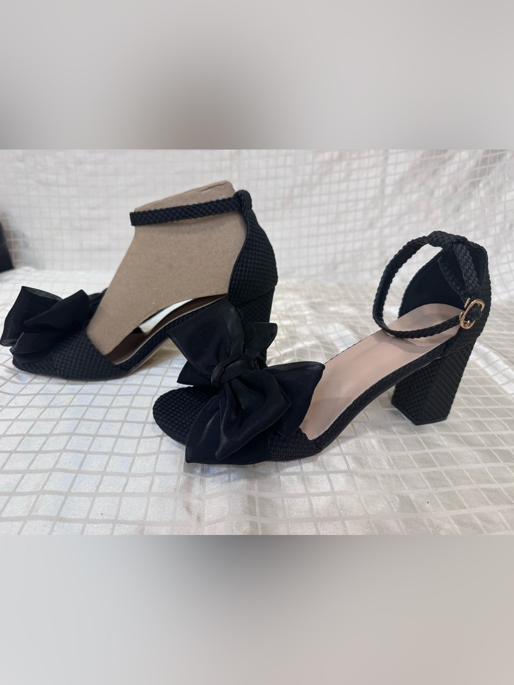 Black Bow Block-Heel Ankle-Strap Sandals